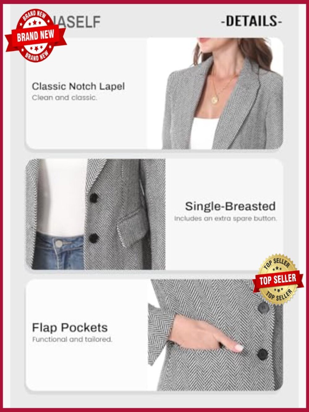 Herringbone Tweed Blazer - Fully Lined Open Front Jacket for Work - Picture 6 of 7